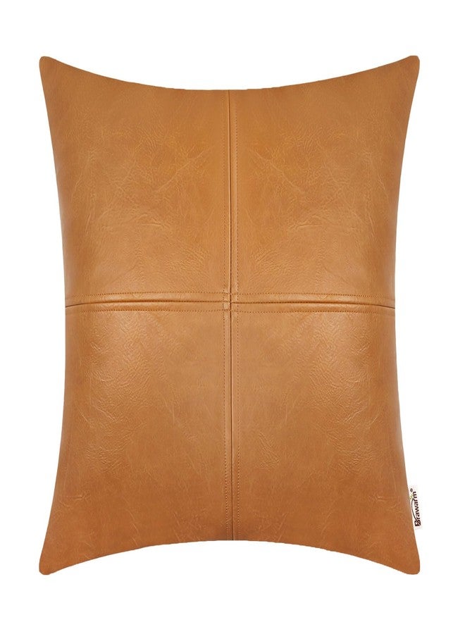 BRAWARM Faux Leather Throw Pillow Covers 18 X 18 Inches, Tan Leather Pillow Cover, Hand Stitched Leather Decorative Pillow Cover for Couch Sofa Bed Living Room Home Garden - Image 1